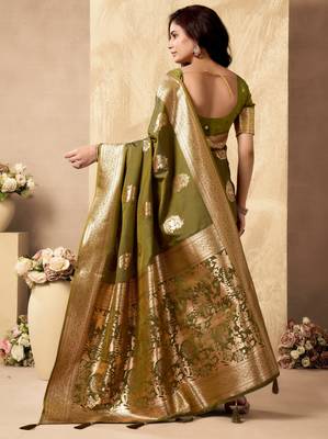 Mehendi silk zari woven saree with blouse 5