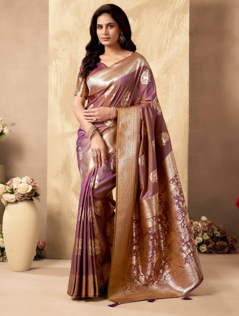 Wine silk zari woven saree with blouse