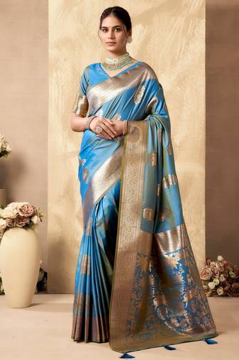 Sky blue silk zari woven saree with blouse