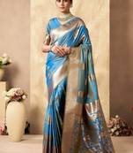 Sky blue silk zari woven saree with blouse