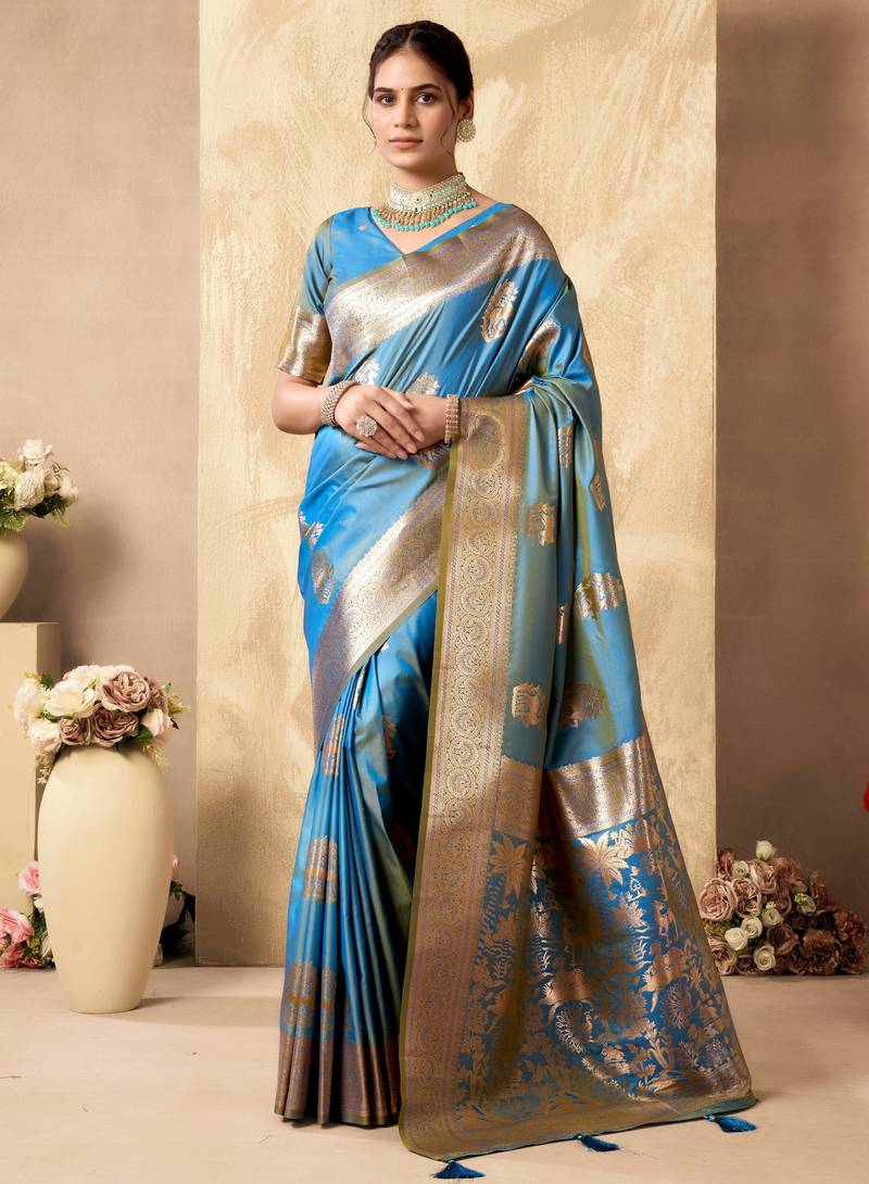 Sky blue silk zari woven saree with blouse