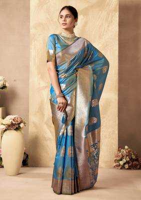 Sky blue silk zari woven saree with blouse 2