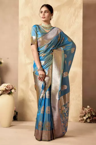 Sky blue silk zari woven saree with blouse