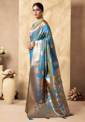 Sky blue silk zari woven saree with blouse 3
