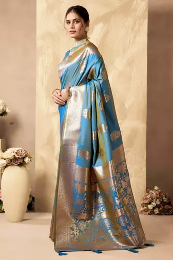 Sky blue silk zari woven saree with blouse