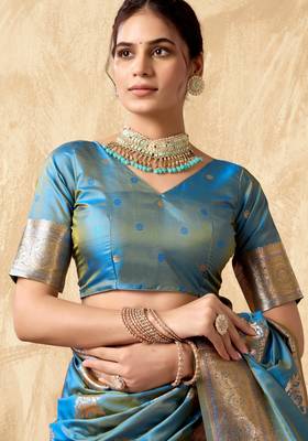Sky blue silk zari woven saree with blouse 4