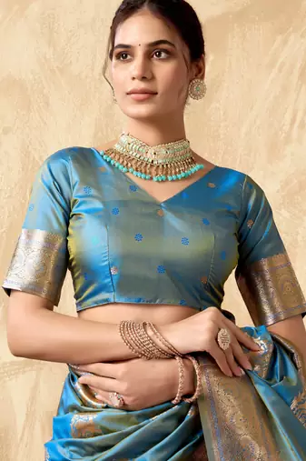 Sky blue silk zari woven saree with blouse