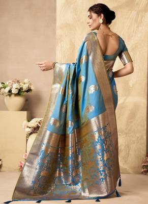 Sky blue silk zari woven saree with blouse 5