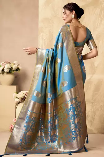 Sky blue silk zari woven saree with blouse