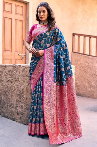 Navy blue silk zari woven saree with blouse