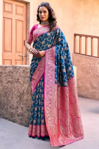 Navy blue silk zari woven saree with blouse