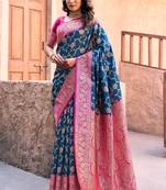 Navy blue silk zari woven saree with blouse