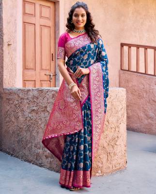Navy blue silk zari woven saree with blouse 2