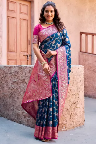 Navy blue silk zari woven saree with blouse