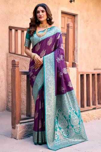 Purple silk zari woven saree with blouse