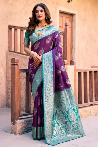 Purple silk zari woven saree with blouse