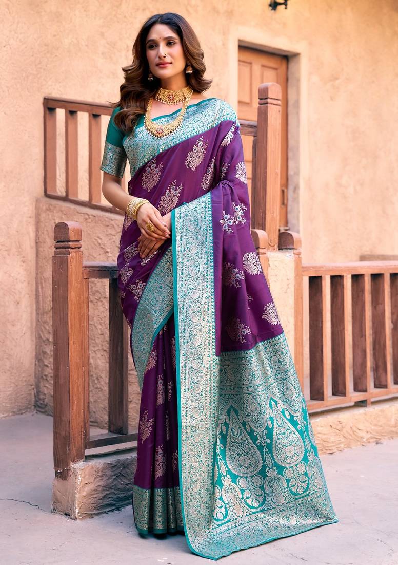 Purple silk zari woven saree with blouse