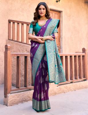Purple silk zari woven saree with blouse 2