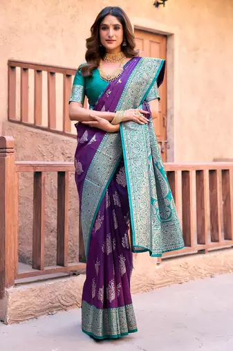 Purple silk zari woven saree with blouse