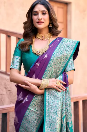 Purple silk zari woven saree with blouse