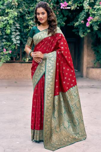 Red silk zari woven saree with blouse