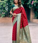 Red silk zari woven saree with blouse