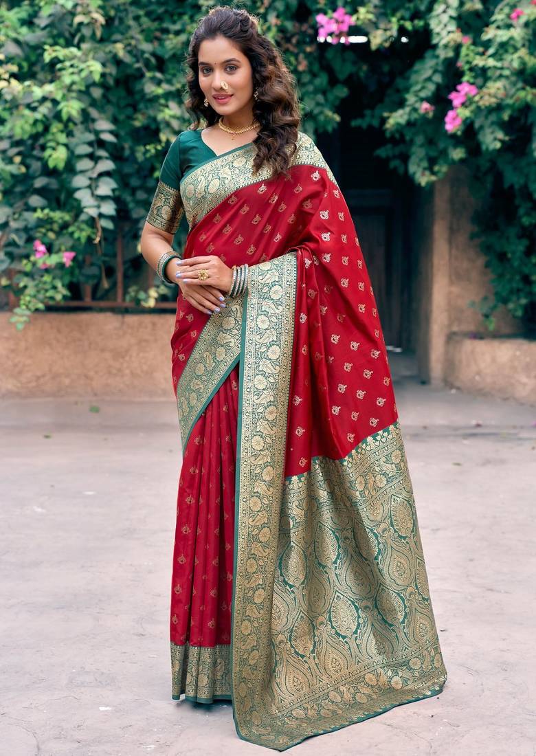Red silk zari woven saree with blouse
