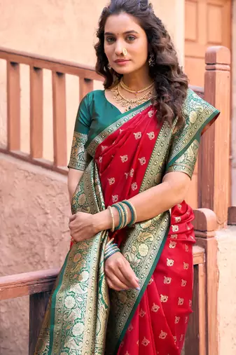 red zari woven festive wear silk saree