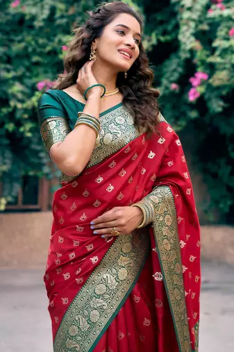 red zari woven festive wear silk saree