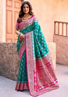 Turquoise silk zari woven saree with blouse 1