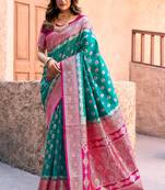 Turquoise silk zari woven saree with blouse