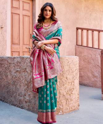 Turquoise silk zari woven saree with blouse 2