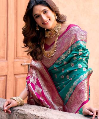 Turquoise silk zari woven saree with blouse 3