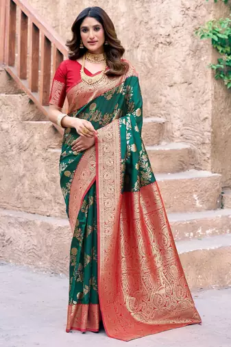 Bottle green silk zari woven saree with blouse