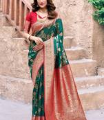 Bottle green silk zari woven saree with blouse
