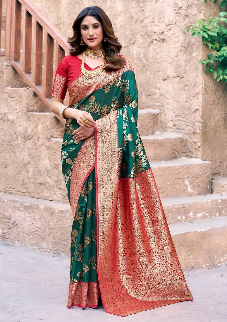 Bottle green silk zari woven saree with blouse