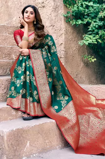 bottle green ethnic silk saree with zari work