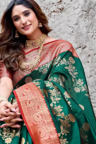 bottle green ethnic silk saree with zari work