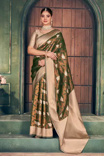 Mehendi silk zari woven saree with blouse