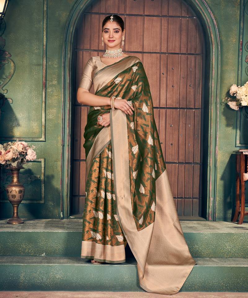 Mehendi silk zari woven saree with blouse