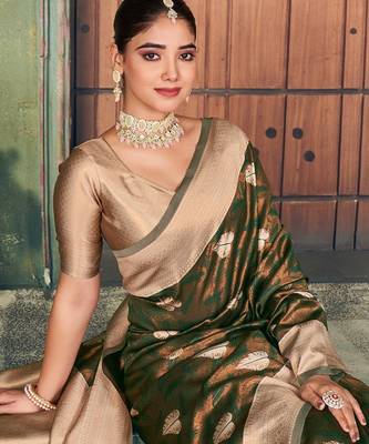 mehendi silk zari woven saree for festive wear 2