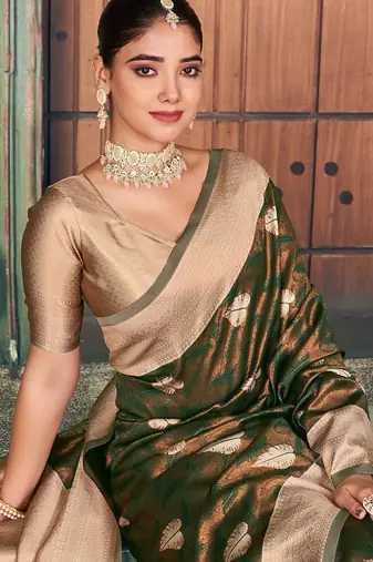 mehendi silk zari woven saree for festive wear