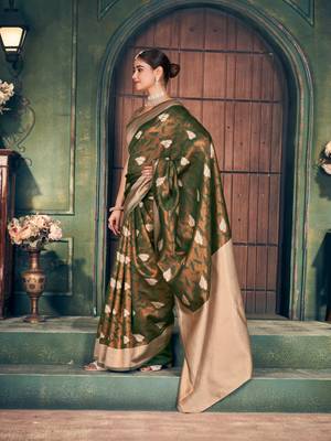 mehendi silk zari woven saree for festive wear 3