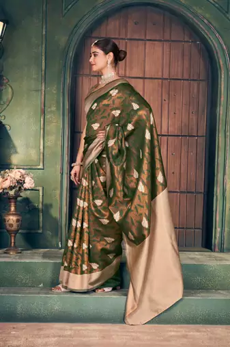 mehendi silk zari woven saree for festive wear