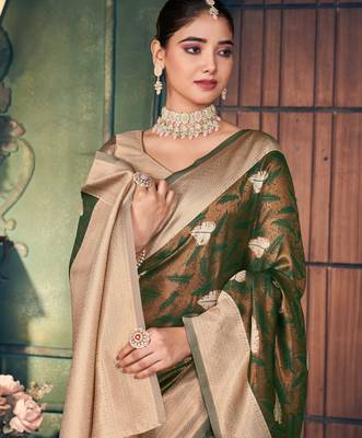 mehendi silk zari woven saree for festive wear 4