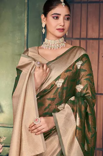 mehendi silk zari woven saree for festive wear