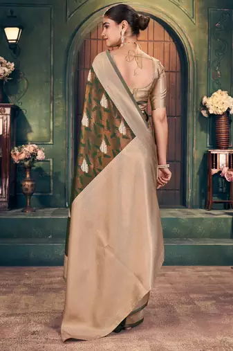 mehendi silk zari woven saree for festive wear