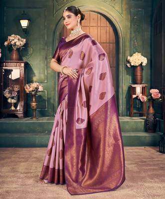 Light purple silk zari woven saree with blouse 3