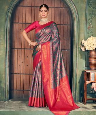 Grey silk zari woven saree with blouse 1