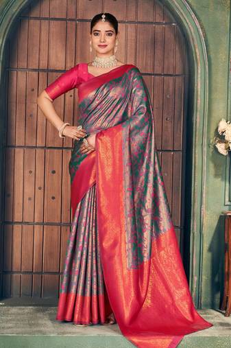 Grey silk zari woven saree with blouse